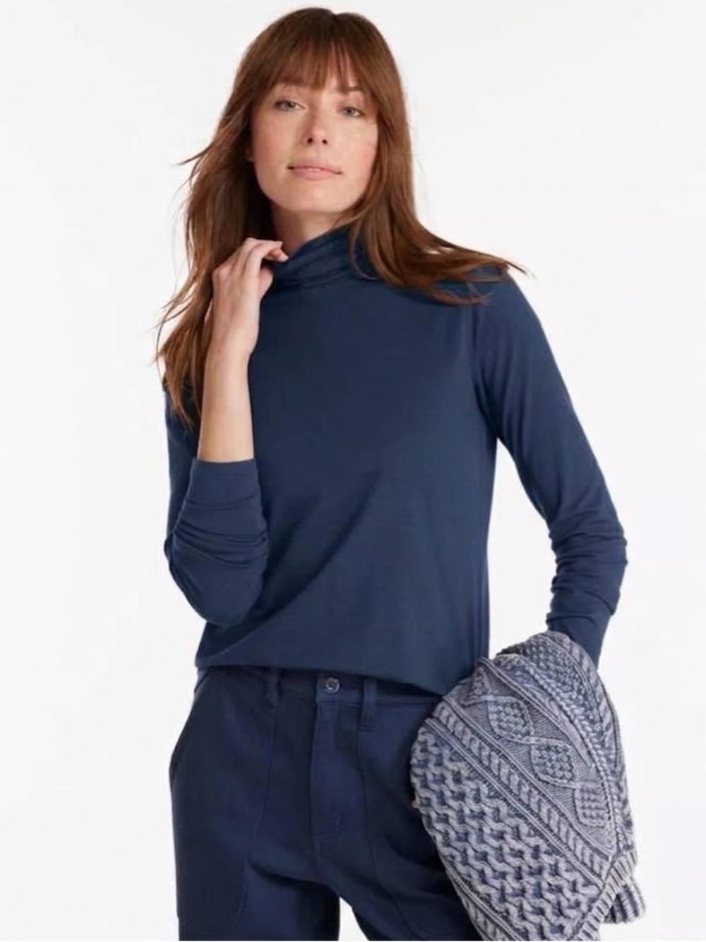 LL Bean Navy Supima Cotton Turtleneck Top Large L Minimalist Classic Granola